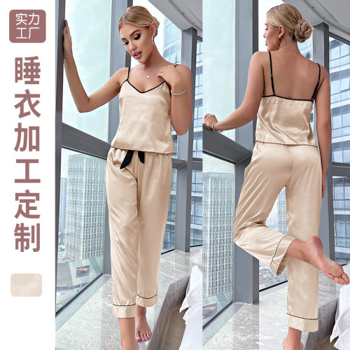 New sleeveless pajamas and pants set, spring and summer home backless suspender pajamas, ice silk lightweight and loose two-piece set