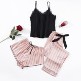 New striped three piece pajamas, women's thin suspender shorts, long pants set, comfortable and loose, sexy home clothing