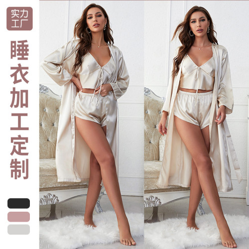 Cross border New Ice Silk Nightgown Outer Robe Casual Comfortable Coat Simulation Silk Bathrobe Women's Fashion Sling Shorts Pajamas