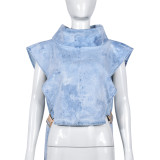 Jeans wash water pile collar sleeveless cargo short vest woman tops
