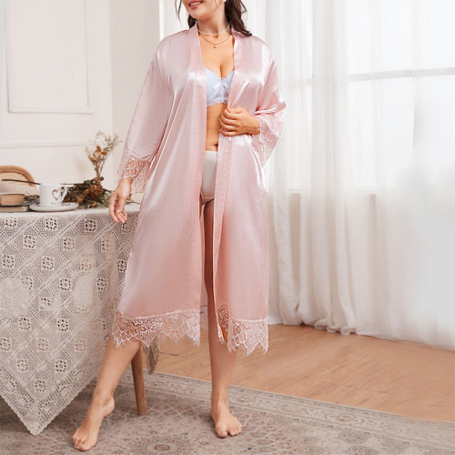 Plus size summer pajamas minimalist casual cardigan pajamas long sleeved home clothing medium length bathrobe ice silk pajamas for women