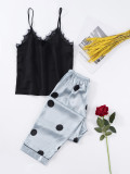 New dark green pajamas for women's summer V-neck suspender pants two-piece set with loose polka dots for comfortable home wear