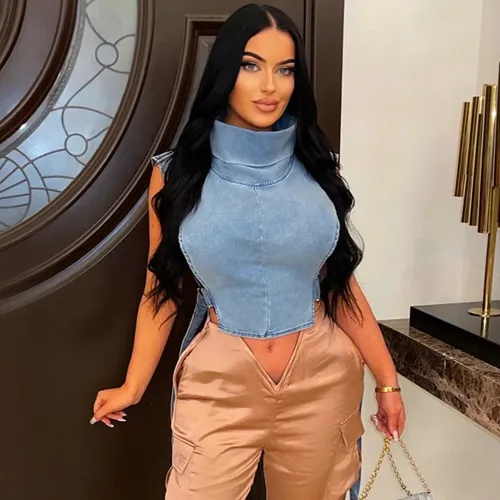 Jeans wash water pile collar sleeveless cargo short vest woman tops