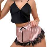 Cross border European and American style fun lingerie, sexy women's suspender, belly pocket shorts set, home clothing, ice silk backless pajamas