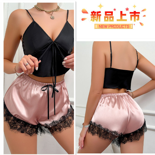 Cross border European and American style fun lingerie, sexy women's suspender, belly pocket shorts set, home clothing, ice silk backless pajamas