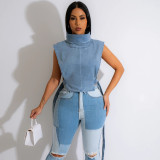 Jeans wash water pile collar sleeveless cargo short vest woman tops