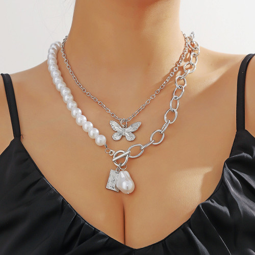 Cross border hot selling jewelry for European and American foreign trade necklaces, exaggerated butterfly double-layer alloy necklaces, pearl alloy butterfly necklaces