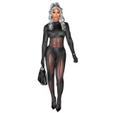 K23JP582 European and American style women's autumn and winter new fashionable mesh splicing long sleeved sexy jumpsuit with gloves