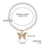 Cross border hot selling jewelry for European and American foreign trade necklaces, exaggerated butterfly double-layer alloy necklaces, pearl alloy butterfly necklaces