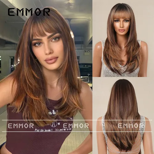Wig women's daily neat bangs, long hair with slight curls, gradient brown layering, fashionable and natural full head set hair