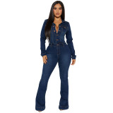 3568 Cross border Amazon slim fit elastic bell mouth washed long sleeved denim jumpsuit