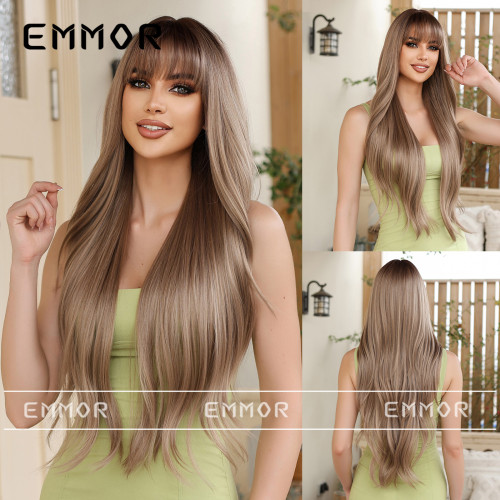 Amazon's best-selling wig exclusively for women, featuring straight bangs, brown long curly hair, natural fluffiness, and full top synthetic fiber wigs