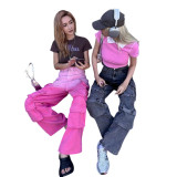 American retro gradient jeans for women, straight and loose, slimming and long pants with multiple pockets, work clothes, wide leg pants for women