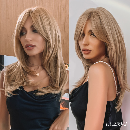 Popular European and American styles with a gradient golden eight shaped bangs on the top and slightly curled high-temperature silk at the tail. Multiple colors are available for wigs for women