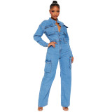 3570 Cross border Elastic Organ Bag for European and American Trade, Washed denim jumpsuit, flared pants, workwear pants