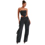 American style low rise three-dimensional pocket patchwork jeans for women's autumn 2023 new loose and drooping feeling slimming pants