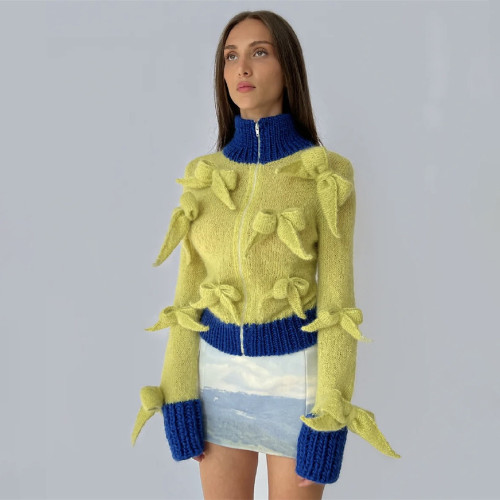 Amazon Foreign Trade Contrast Color High Neck Sweater Cardigan Women's Autumn Coat Bow Design Feeling Slim Fit Zipper Top Women's