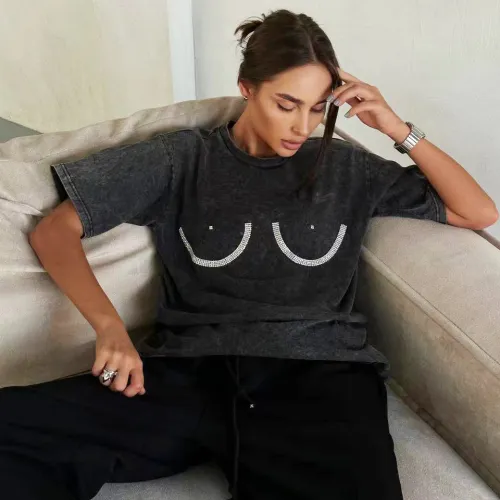 Cross border European and American lazy style hot diamond t-shirt for women's spring and summer loose design, niche distressed short sleeved top for women