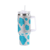 First generation rubber diamond cow pattern insulated cup, car mounted stainless steel car cup, creative diamond inlaid handle, straw insulated cup