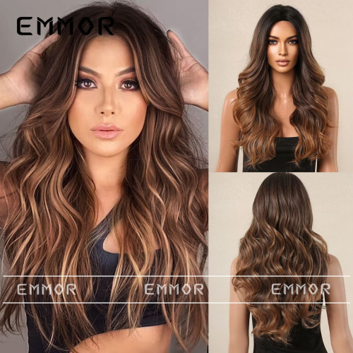 Emmor European and American Foreign Trade Women's Wig Center Split Gradient Deep Brown Curly Hair Big Wave Full Head Set