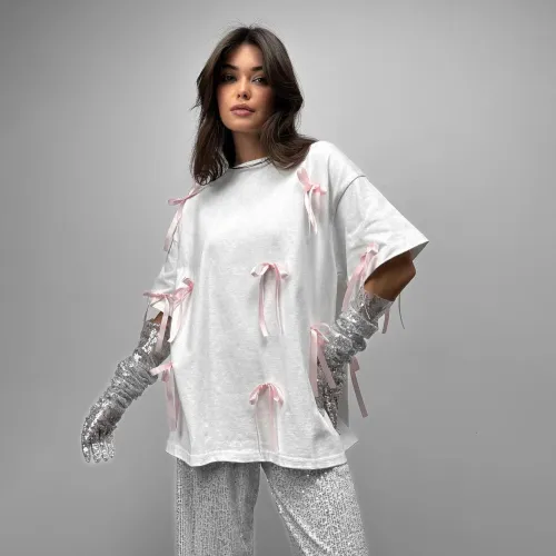 Cross border European and American lazy style loose t-shirt short sleeved women's trendy brand design, bow splicing, wearing top for women