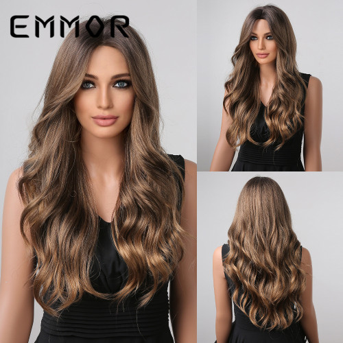 Amazon Foreign Trade Cross border New Mid Split Long Curly Hair Gradient Brown Spot Dyed European and American Chemical Fiber Wig Full Head Set