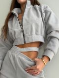 Zipper stand up collar fleece jacket, autumn and winter hollow out double top pants set, European and American sports style two-piece set for women