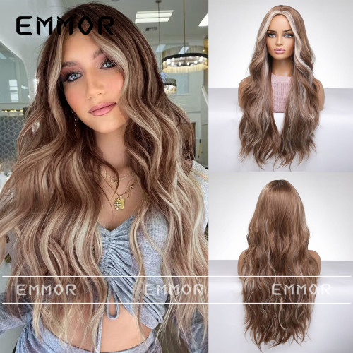 European and American mid length curly hair wig, women's hair with ear hanging and spot dyeing, fluffy large waves mixed with brown hair color, full head set style