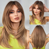 Popular European and American styles with a gradient golden eight shaped bangs on the top and slightly curled high-temperature silk at the tail. Multiple colors are available for wigs for women
