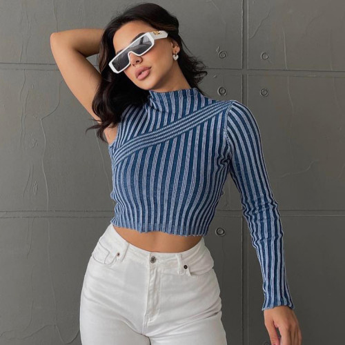 Cross border Hot and Spicy European and American Striped Half sleeved Top for Spring Women's Outwear Versatile Short Style Worn Out Spicy Girl Open Navel T-shirt for Women