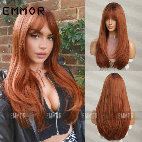 European and American wigs, female long straight hair, dirty orange, internet celebrity anchor, cool and trendy color, colored lolita long straight hair, full head set style