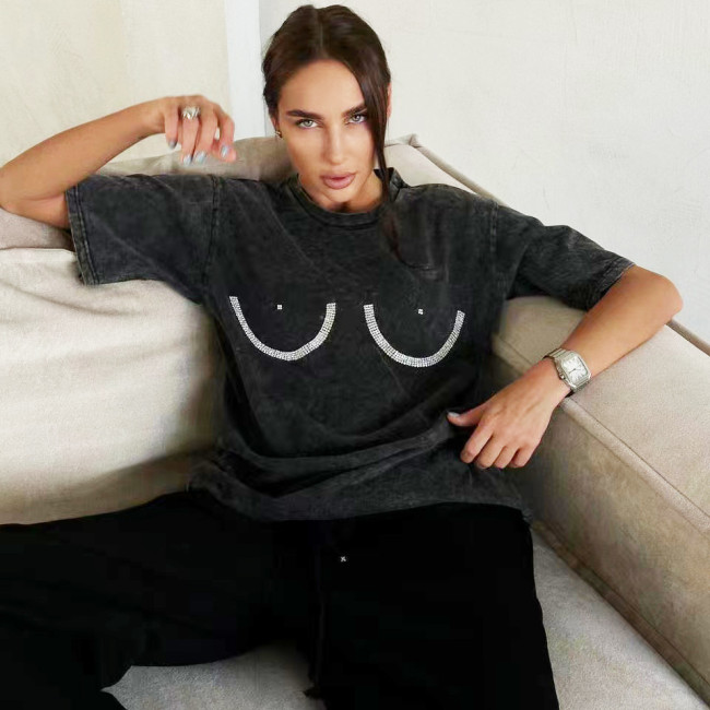 Cross border European and American lazy style hot diamond t-shirt for women's spring and summer loose design, niche distressed short sleeved top for women