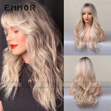European and American white style, Amazon cross-border foreign trade exclusive air bangs, gradient golden waves, long curly wigs