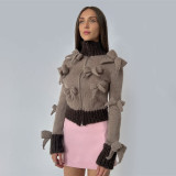 Amazon Foreign Trade Contrast Color High Neck Sweater Cardigan Women's Autumn Coat Bow Design Feeling Slim Fit Zipper Top Women's