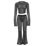 European and American style cross-border foreign trade new personalized street sexy perforated perspective exposed navel high waist long pants set for women