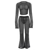 European and American style cross-border foreign trade new personalized street sexy perforated perspective exposed navel high waist long pants set for women