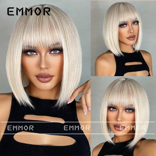 Cross border foreign trade European and American style wig for women with bangs, white gold short straight hair, bobo head, full set wig hair