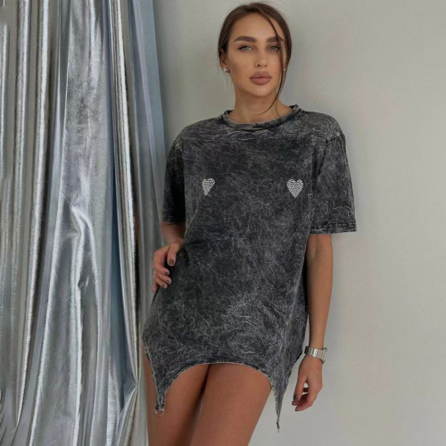 Cross border European loose and lazy style top, women's outerwear for spring and summer fashion design, irregular hot diamond short sleeved T-shirt