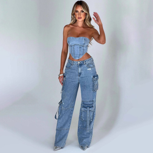 American style low rise three-dimensional pocket patchwork jeans for women's autumn 2023 new loose and drooping feeling slimming pants