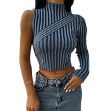 Cross border Hot and Spicy European and American Striped Half sleeved Top for Spring Women's Outwear Versatile Short Style Worn Out Spicy Girl Open Navel T-shirt for Women