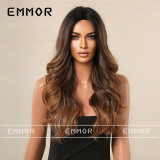 Emmor European and American Foreign Trade Women's Wig Center Split Gradient Deep Brown Curly Hair Big Wave Full Head Set