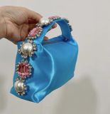 Xiaohongshu, internet celebrity, same style handbag with diamond inlaid pearl satin surface lunch box bag, summer small bag, dinner bag, handbag for women