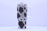 First generation rubber diamond cow pattern insulated cup, car mounted stainless steel car cup, creative diamond inlaid handle, straw insulated cup