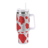 First generation rubber diamond cow pattern insulated cup, car mounted stainless steel car cup, creative diamond inlaid handle, straw insulated cup