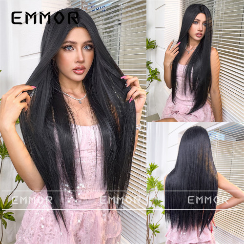 Pure desire style split wig, women's long hair, black long straight hair, atmosphere, no bangs, natural fluffiness, age reducing full head set style