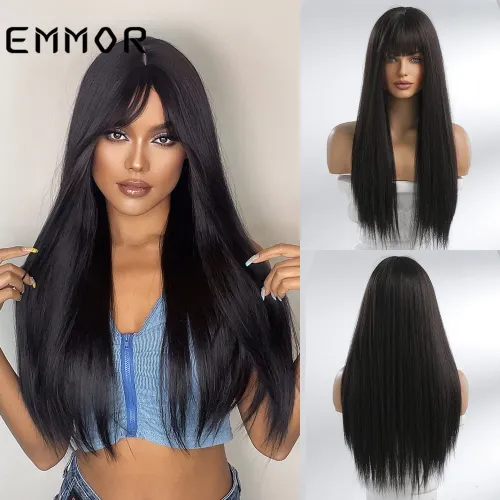 Amazon's best-selling foreign trade product, black long straight hair with straight bangs, natural daily chemical fiber headband, European and American wig for women