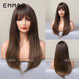 New internet celebrity style air bangs, black gradient brown long straight hair, synthetic hair, European and American wigs wig