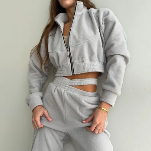 Zipper stand up collar fleece jacket, autumn and winter hollow out double top pants set, European and American sports style two-piece set for women