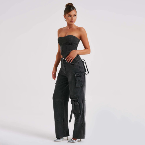 American style low rise three-dimensional pocket patchwork jeans for women's autumn 2023 new loose and drooping feeling slimming pants