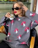 Instagram style niche mushroom printed sweater women's loose top autumn and winter casual lazy style long sleeved woolen jacket